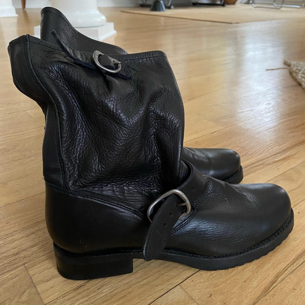 Frye Black Leather Buckle Ankle Booties